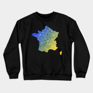 Colorful mandala art map of France with text in blue and yellow Crewneck Sweatshirt